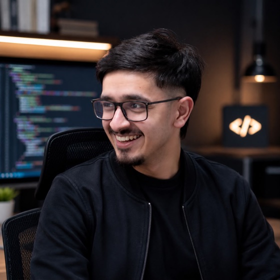 Saad, smiling, at his desk with code on the monitor behind him